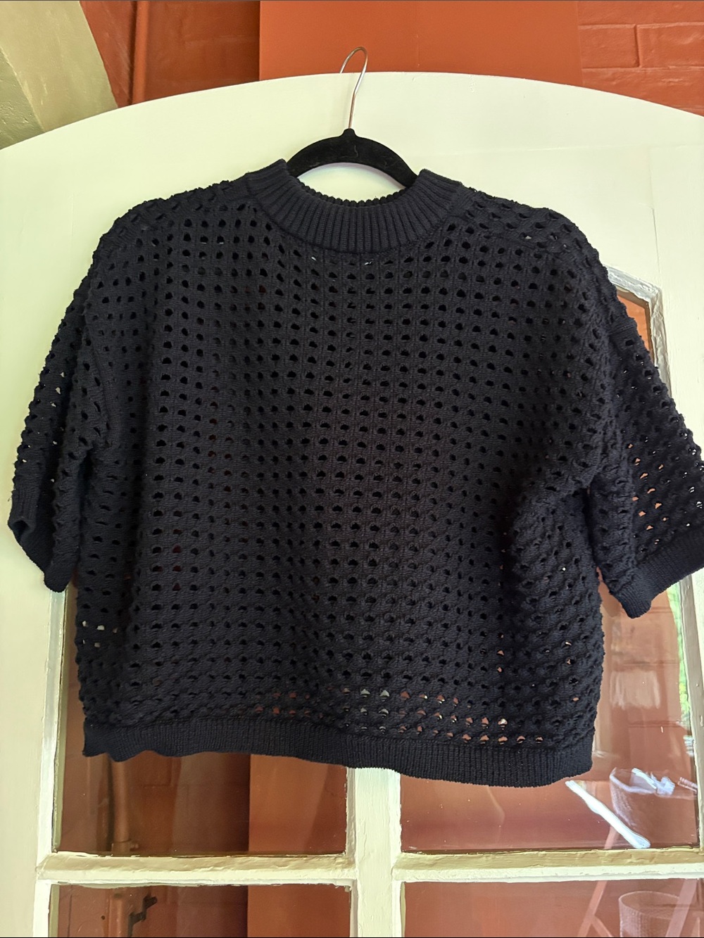 DR2 boxy Open-Knit Short Sleeve Sweater - in navy